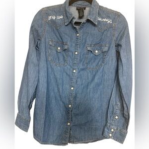 Wrangler Retro Shirt Womens Small Blue Pearl Snap Western Embroidered Cowboys